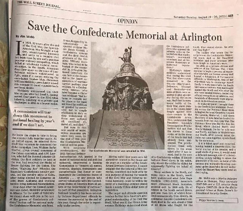 Commanding Wall Street Journal Op Ed Supports Arlington Confederate Memorial