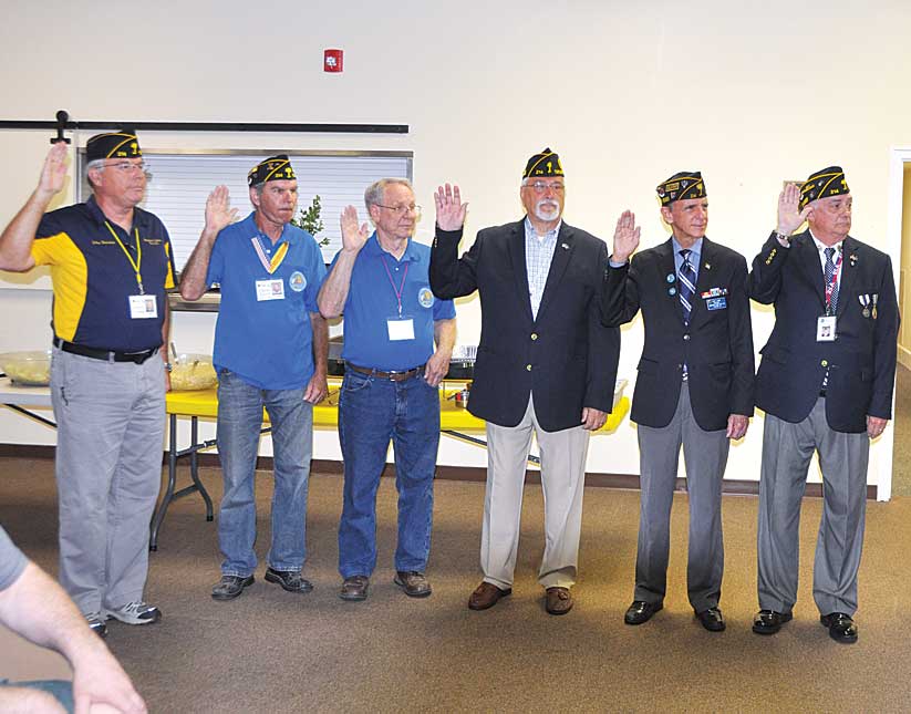 The 2019 Officers of The American Legion Major Rudolf Anderson, Jr. Post 214 were sworn in by Past Department SC Commander Bob Scherer at the  June Meeting.  Post 214 meets the 3rd  Tuesday of the month, now at Lee Road Methodist Church. From Left to Right, John Banning 2nd Vice Commander, Chris Baird Sergeant at Arms, Earl Nutz Chaplain, Mick Ogulewicz Financial Chair, Tony Dunn Adjutant. Pete Bellinger 1st Vice Commander.