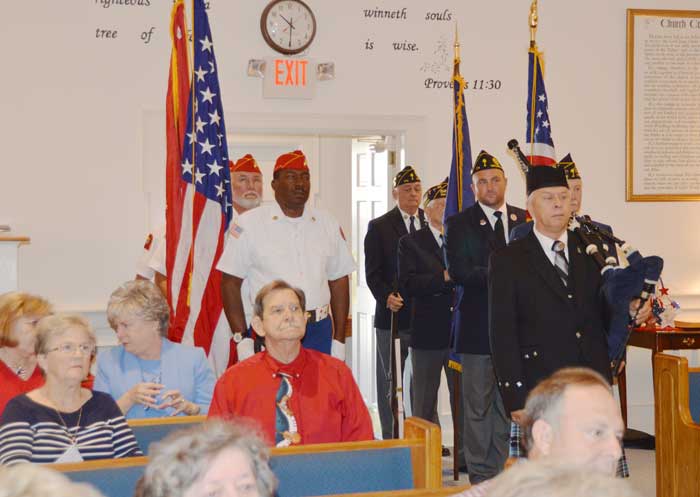 The American Legion Major Rudolf Anderson, Jr. Post 214 Color Guard was invited to participate in Wren Memorial Baptist Church's patriotic services.  Members included Pete Bellinger, Jamie Richards, Charlie Clifton and Clyde Rector.