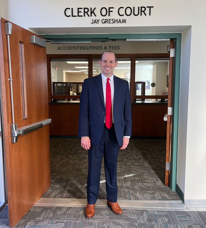 Clerk of Court Jay Gresham at Clerk of Courts Office Entrance