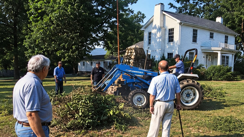 Terry Watkins from Greenville Memorial Gardens removes vine covered pecan stump from grounds