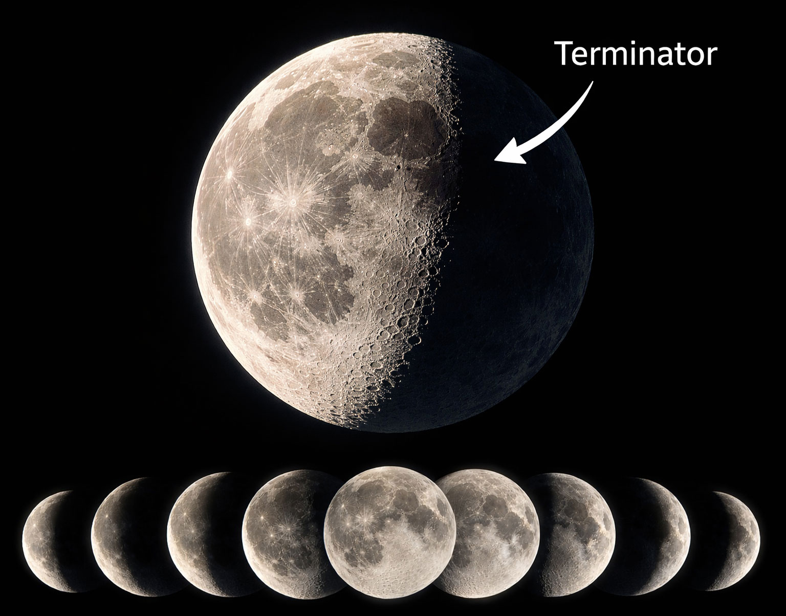 The Moon’s terminator provides clear evidence of its spherical shape, especially as it curves and moves across the surface during the Moon’s phases.
