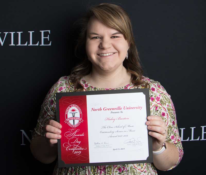 Haley Burton from Travelers Rest was presented the Cline School of Music Outstanding Senior in Music Award at a recent annual awards ceremony held on the North Greenville University campus. The award, chosen by the Cline School of Music faculty, is given to a senior music major who achieves the highest level of performance and academic excellence and maintains a GPA of 3.5 or better.