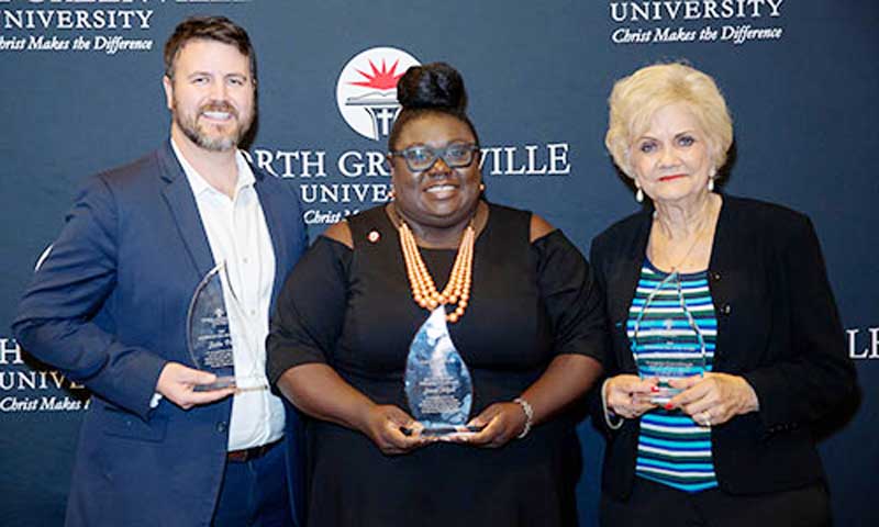 From left; Justin Pitts ('07, M.B.A.'12), Janice Alford (’98), and Bea Dillard were honored by the alumni association at a recent awards ceremony held at the fall Alumni Connect event at the Cannon Centre in Greer on Thursday, Oct. 11. Not Pictured: Nathan Bramsen (’07) and Carl Dukes (’12, M.Ed. ’14).