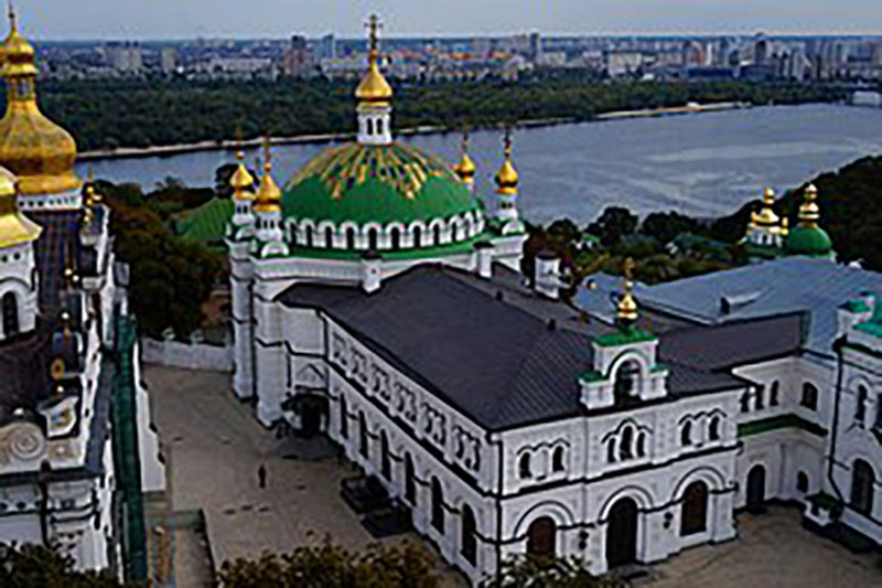 Kyiv Refectory Church Complex UOC-MP Overlooking Dnieper River.