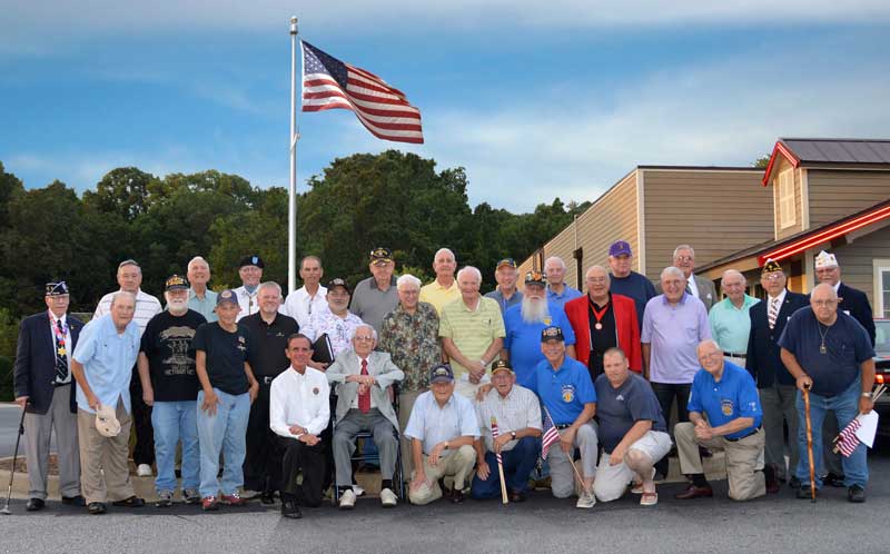 Back Row: Norman Nadeau, Ed Wooten, Carroll Kelley, Chris Baird, Frank Tooley, Joe Herlong, Sr., Larry Murry, Perry Cox, Bill Pray and Tom Fleury. 2nd Row: Jerry Lunsford, Fred Lee, Harold White, Tony Aldebol, William Kelley, Steve Zietz, Robert Wicks, Roy Brock, Pat Ramsey, Bill Moore, Billy Painter, Frank Cockman, District 3 Commander Clyde Mabery and 1st Vice Commander, State Dept. of SC Bob Scherer. 1st Row: Tony Dunn, Cecil Buchanan, Charlie Clifton, Bobby Peater, Steve Ehrlich, Stuart McClure, Peter Butchart and Roy Williamson.