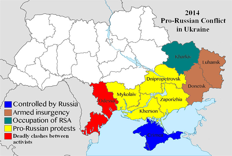 Map Ukraine and Crimea 2014, Colored areas pro-Russian 