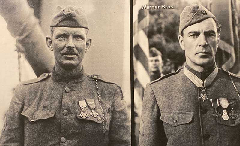 Left image: The real Sgt. Alvin York (1887-1964) CA. 1919. His Medal of Honor (on the left) was awarded to him by Gen. John J. Pershing on April 18, 1919. Right Image: Actor Gary Cooper portraying Sgt. York in the 1941 film, 