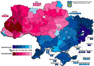2010 Ukraine Election Map. Blue shades favored pro-Russian policies.