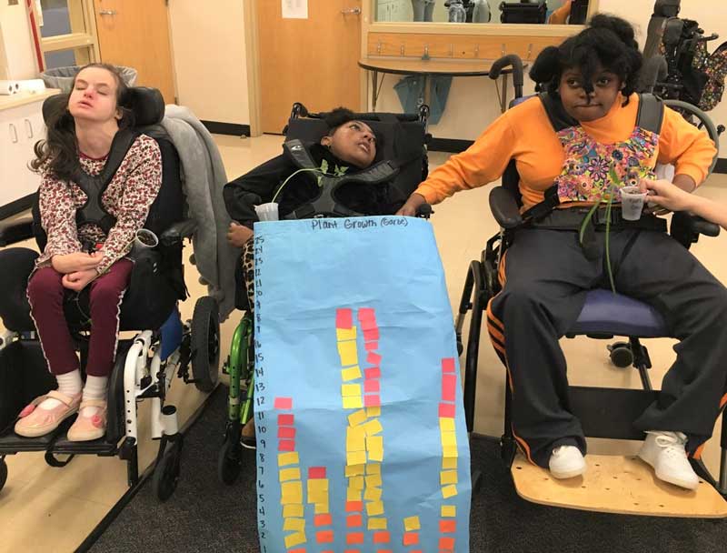 Washington Center students Kaylen, Taneda, and Faith display their class plant growth chart for an Adapted Environmental Science class project. 
