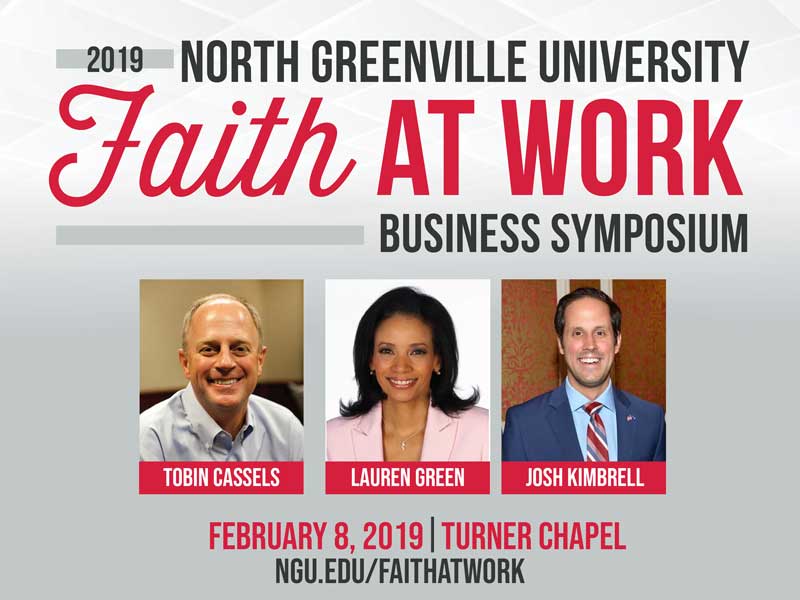 Guest speakers for North Greenville University’s annual Faith At Work Business Symposium will be Lauren Green, Fox News Channel's chief religion correspondent; Tobin Cassels, president of Southeastern Freight Lines; and Josh Kimbrell (’07), CEO of Exodus Aircraft, LLC. 